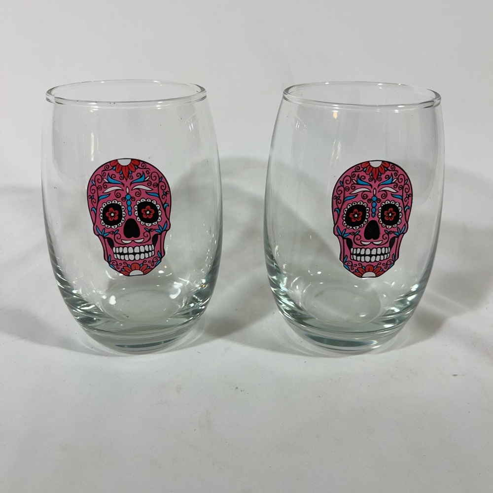 SUGAR SKULL DAY OF THE DEAD HALLOWEEN 5” STEMLESS WINE WHISKEY GLASSES PINK‎